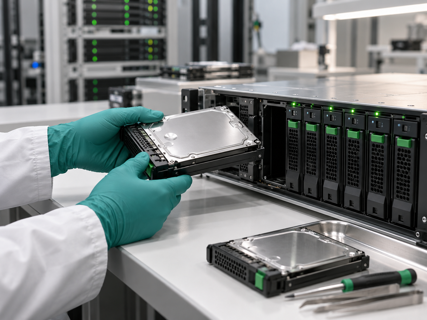 Technician documenting a rack-mounted RAID array during a careful recovery assessment